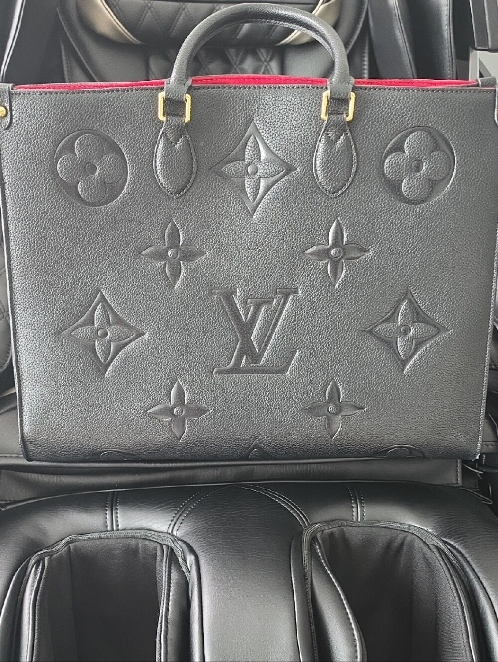 Louis Vuitton Black Leather Embossed Monogram Tote with Red Trim